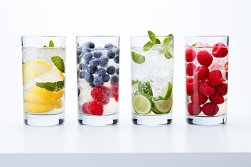 Refreshing non-alcoholic cocktails with berries on a light background. - obrazy, fototapety, plakaty
