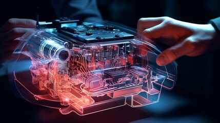 Revolutionary Precision: Engineer's Hand Sculpting a Futuristic 3D Hologram of a Cutting-Edge Car Engine, Embodying Innovation in Automotive Design