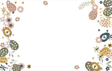 Happy Easter Banner. Pattern of eggs, flowers and twigs. For card, banner, poster, flyer, and web. Spring Festival. Vector illustration