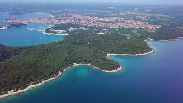 an aerial view of coastline Valsaline, Valkane, Stoja in Pula, Istria, Croatia. 