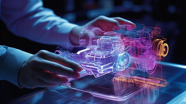 Revolutionary Precision: Engineer's Hand Sculpting a Futuristic 3D Hologram of a Cutting-Edge Car Engine, Embodying Innovation in Automotive Design