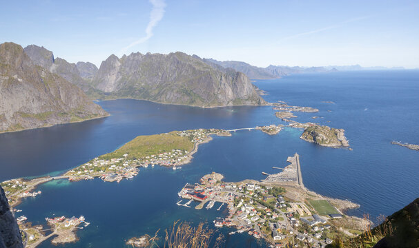 Hike to Reinebringen (via Sherpa steps) with a particularly great view of the Reine community and the Lofoten mountains. Lofoten, Nordland county, Norway