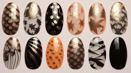 A set of trendy nail wraps is showcased against a fashionable beige background, highlighting a variety of chic designs.