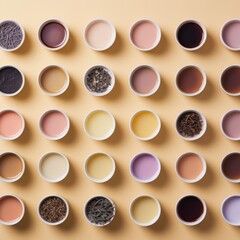 a grid of teas and infusions, each contained in a small cup against a yellow background, providing a visual sampling of flavors and hues.
