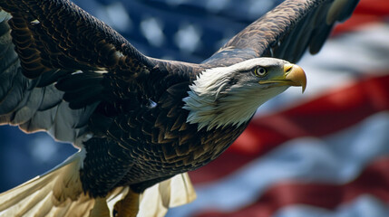 
Bald eagle and American flag composite, the eagle superimposed against a fluttering American flag, symbolizing freedom