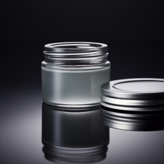 Obraz premium A sleek jar of styling gel is presented on a steel grey background, reflecting a modern and clean product design.