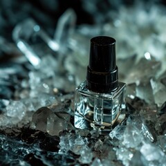 a bottle of base coat nail polish resting on crushed ice, with the clear glass and black cap starkly contrasted against the icy texture and dark backdrop.