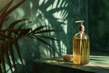 A serene setting showcasing a transparent shampoo bottle filled with golden liquid, placed on a rustic surface with natural greenery and shadows in the background.