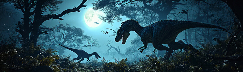 Dilophosaurus pack, hunting at night, moonlight filtering through trees, shadows and contrast,...