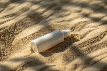 A white bottle of hair spray lies on textured sand, bathed in warm sunlight, creating a peaceful and natural atmosphere.