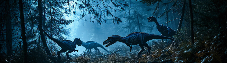 Dilophosaurus pack, hunting at night, moonlight filtering through trees, shadows and contrast,...