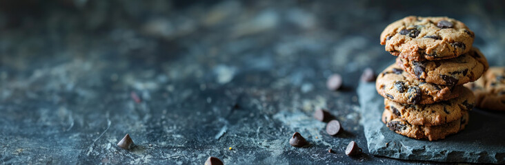 banner with a stack of freshly baked chocolate chip cookies on a dark stone surface, with loose...