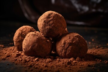 A close-up of chocolate truffles dusted with cocoa powder on a dark surface, with a blurred background emphasizing the texture of the truffles.