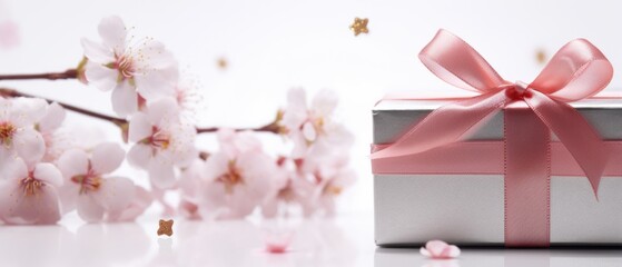 A gift box with a pink ribbon tied to it. Spring, springtime background, Mother's day greeting card.