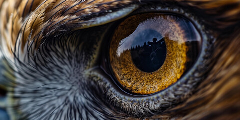 Eagle's eye close-up, capturing the intricate patterns in the iris and reflecting an expansive landscape