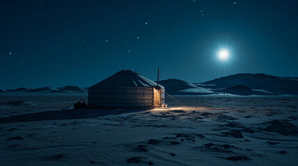 Gobi Desert, Mongolia, yurt under a full moon, pale silver light