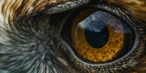 Eagle's eye close-up, capturing the intricate patterns in the iris and reflecting an expansive landscape