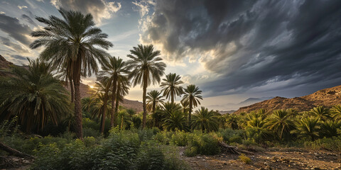 Oasis in an arid desert, lush green palm trees surrounded by barren land