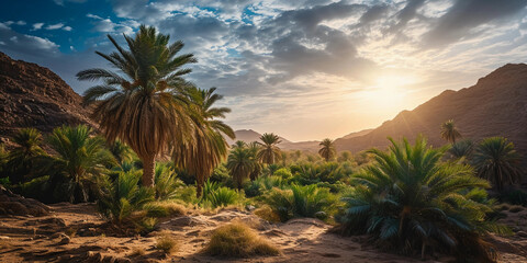 Fototapeta na wymiar Oasis in an arid desert, lush green palm trees surrounded by barren land