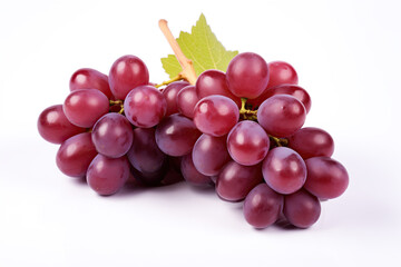 Fototapeta premium A vibrant and detailed close-up image showcasing a bunch of fresh, juicy red grapes accompanied by a green leaf, perfectly isolated on a white background.