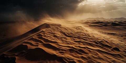 Sandstorm over Namib Desert, dynamic, swirling patterns of sand, dark