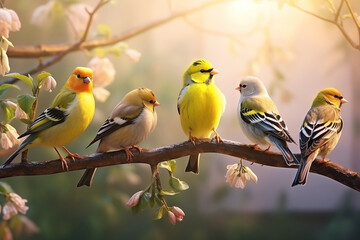 A serene image capturing five colorful songbirds perched on a blossoming branch, bathed in the warm, golden light of the setting sun. The birds, surrounded by delicate flowers, appear calm and peacefu - obrazy, fototapety, plakaty