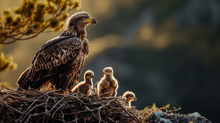Sea eagle in its nest with young eaglets, intimate family setting