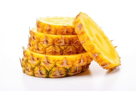 A vibrant image showcasing freshly cut, juicy pineapple slices stacked together. The bright yellow of the pineapple contrasts beautifully against the white background, highlighting its freshness and a