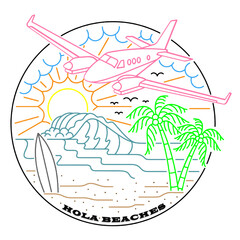 Hola Beaches Design with Sunset Surfing Waves Airplane Mountain Sky Surfing Board Coconut Palm Tress Print © Amaz