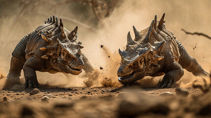 Two Ankylosaurs battling, dusty ground, motion blur to emphasize action, intense expressions