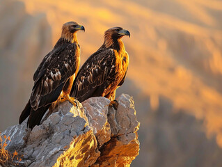 Fototapeta premium Two golden eagles perched on a rocky cliff against the backdrop of a setting sun, sharp eyes surveying the land
