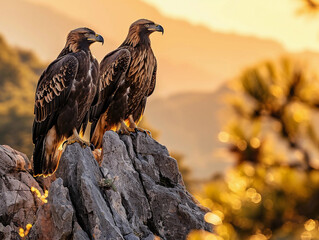 Fototapeta premium Two golden eagles perched on a rocky cliff against the backdrop of a setting sun, sharp eyes surveying the land