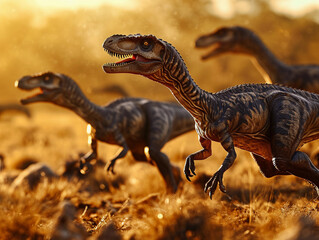 Velociraptors hunting in a pack, golden hour lighting, stalking a herd of herbivores across a...