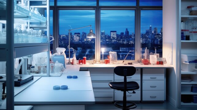 A laboratory with a view of the city. Research institute, laboratory interior with equipment, work benches and shelves