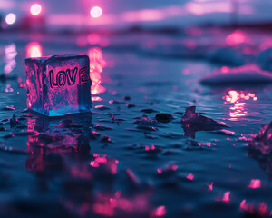 Transparent ice cube engraved with the word "LOVE" placed on a wet surface, illuminated with a neon pinkish-purple glow. Dreamy, romantic atmosphere. Neon Love Reflection.