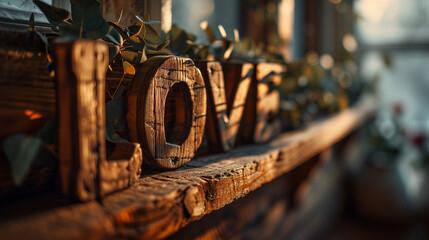 Rustic wooden letters of the word "LOVE" on a window sill with the warm, golden light of a sunrise or sunset on a softly blurred background. Feelings of home, affection and tranquility.