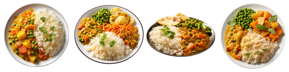 Fototapeta na wymiar Plate of Indian Vegetable Korma Curry and Rice Hyperrealistic Highly Detailed Isolated On Transparent Background Png File