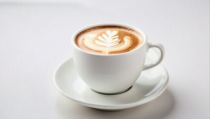 Latte in White Cup, White Background, Top View, Close Up