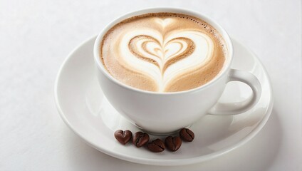 Heart Shaped Latte in White Cup, White Background, Top View, Close Up