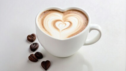 Heart Shaped Latte in White Cup, White Background, Top View, Close Up