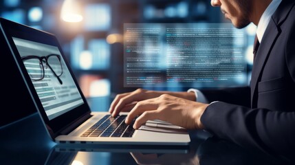 Fototapeta premium Digital Networking: Businessman Explores Vast Internet Data with Seamless Connectivity