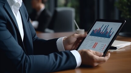 Unleashing the Power of Data: Businessman's Tablet Unveils Financial Growth, Market Insights, and Strategic Solutions