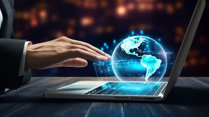 Global Empowerment: Unleashing the Potential of AI in Business - Futuristic Laptop and Holographic Earth Merge in a Visionary Display