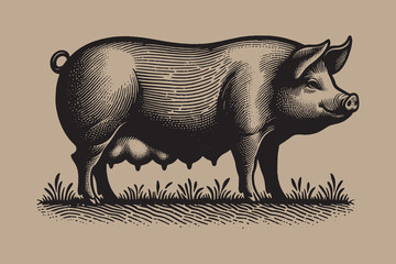 Sow pig. Vintage retro engraving illustration. Black icon, isolated element	