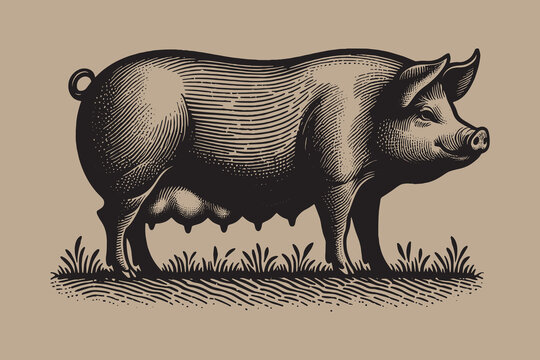 recommend clip art: Sow pig. Vintage retro engraving illustration. Black icon, isolated element	