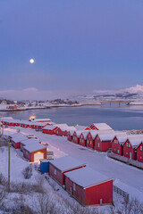 traditional red fishing houses in winter at night