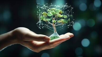 Fototapeta na wymiar Digital Evolution: Illuminating the Future of Green Innovation with a Sprouting Holographic Tree