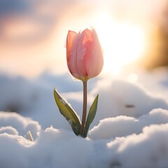 Eine schöne Tulpe blüht im Schnee - obrazy, fototapety, plakaty
