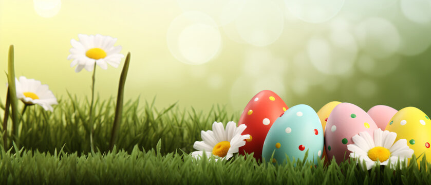 Colorful Easter eggs rest in lush, green grass amidst blooming daisies under a soft, glowing light.