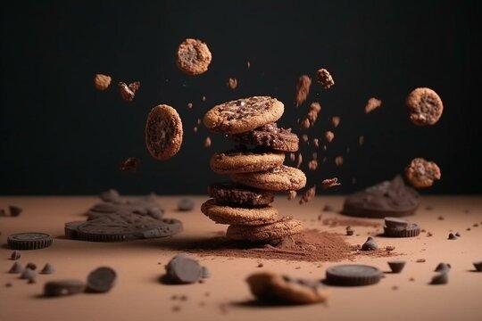 Levitating cookies with crumbs, broken fragments, and flying chocolate cookies. Generative AI